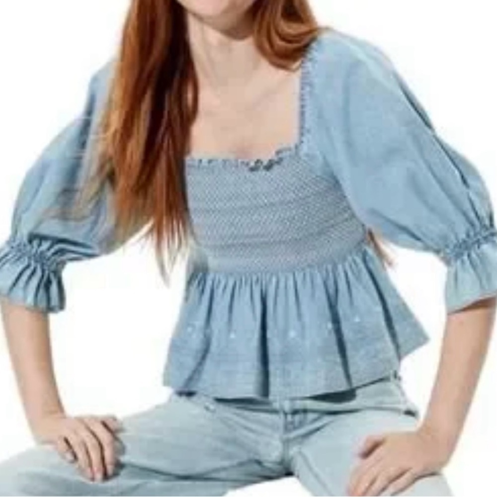 American Eagle Outfitters Blue Smocked Peplum Blouse